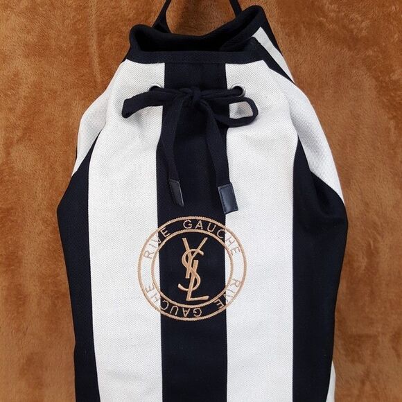 SAINT LAURENT Rive Gauche Sling Backpack Black White Striped Canvas Drawstring - Picture 6 of 16
